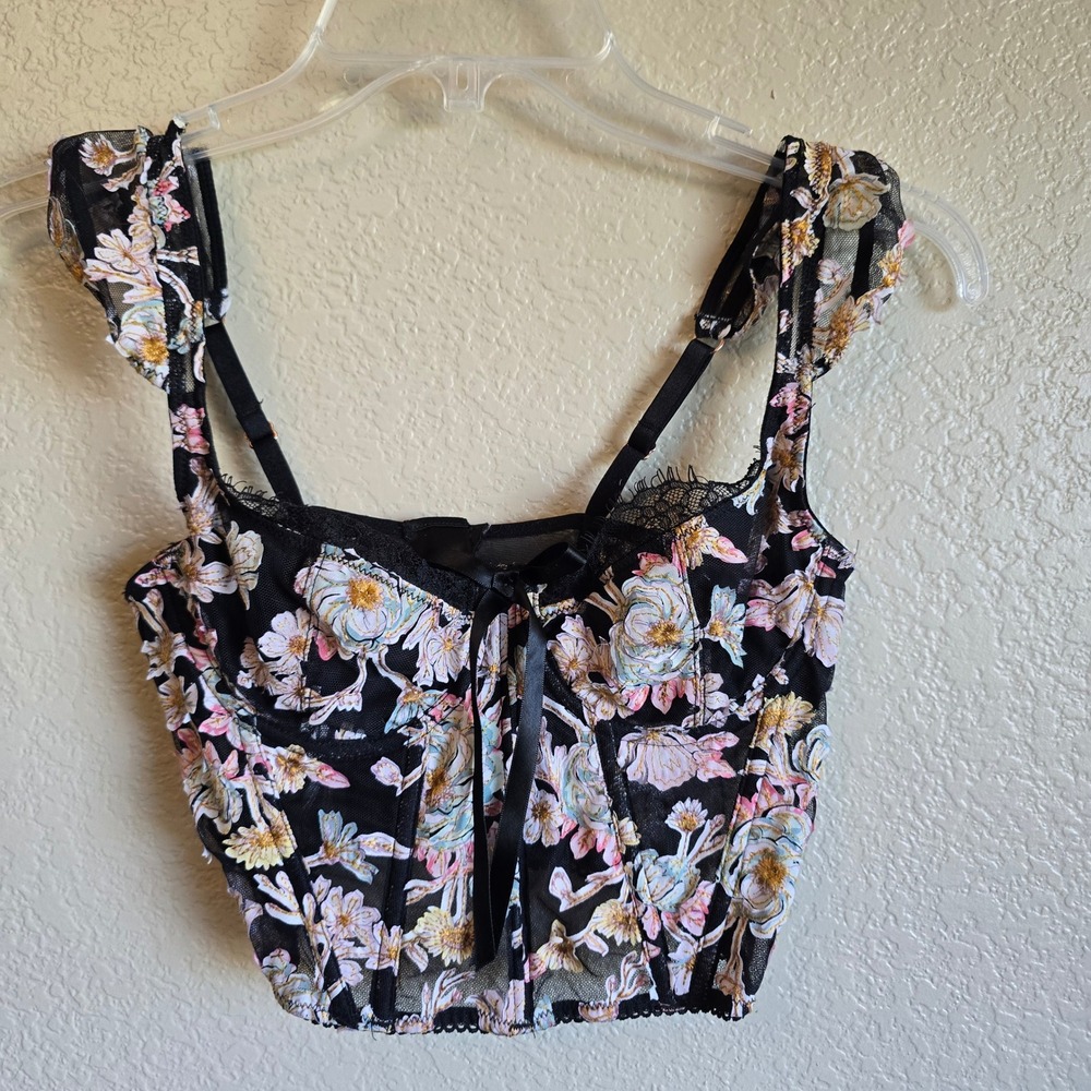 Floral Embroidered XS Mesh Corset Top Black Gold Metallic Lace Bustier Crop